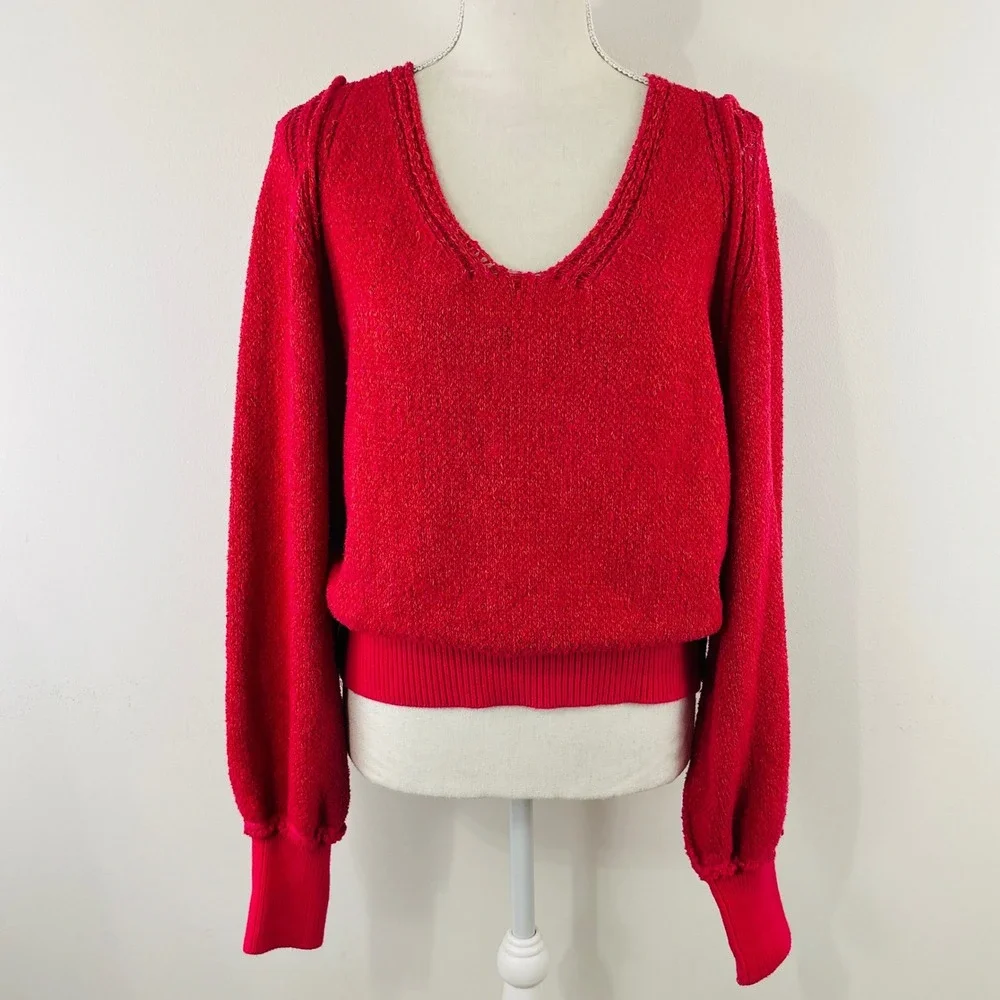 Free People Red V-Neck Balloon Sleeve Pointelle Pullover Sweater Large